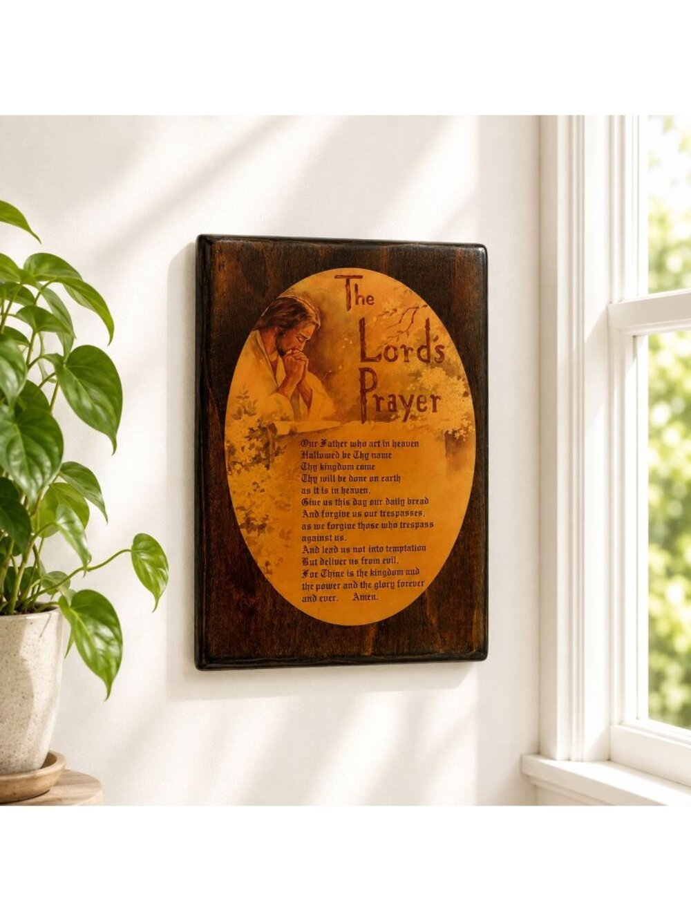 The Lords Prayer Wood Plaque With Vintage Artwork 8x5.5 Inches Rustic Religious